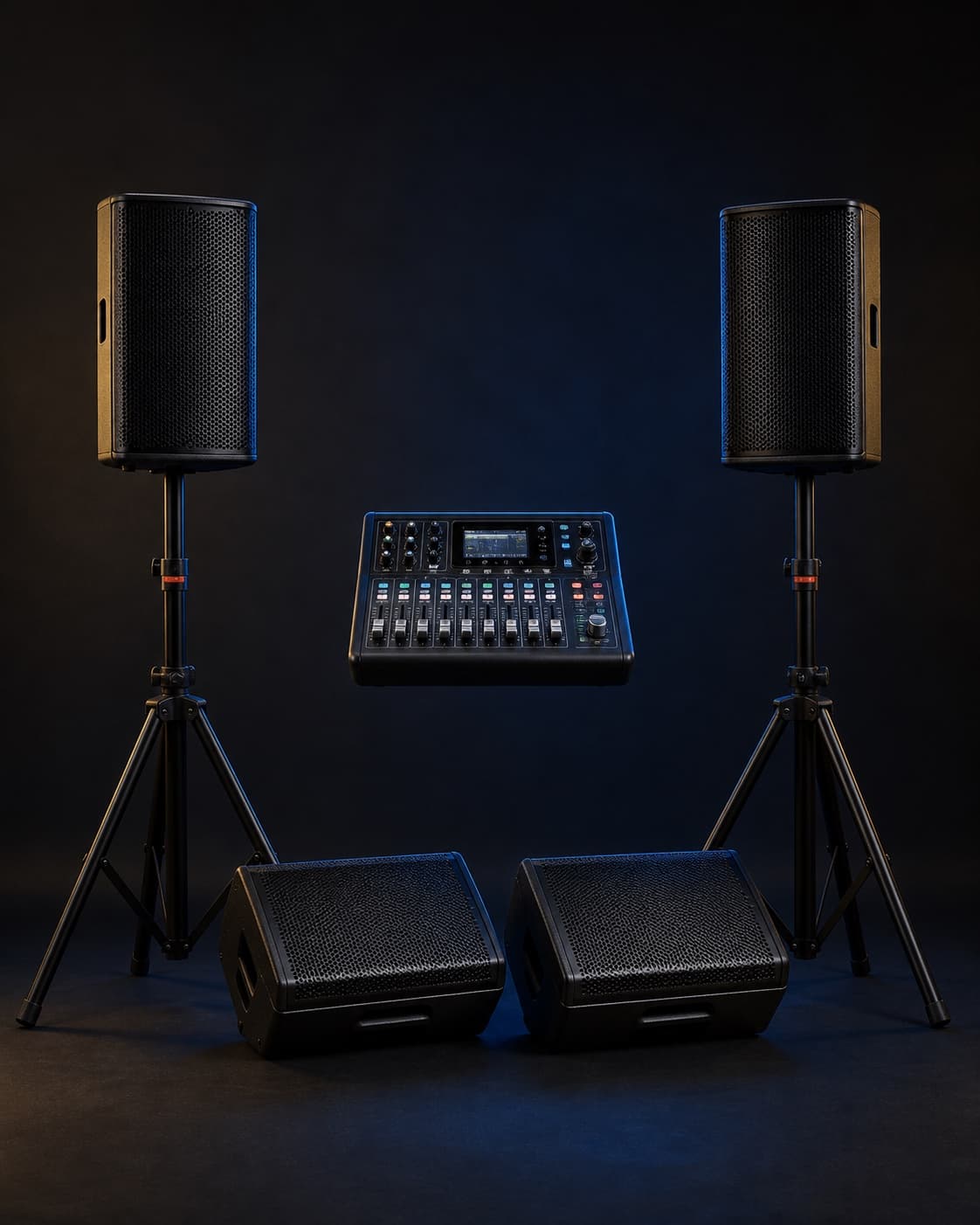 Small audio package with two powered speakers, two floor monitors, and a tabletop digital mixer