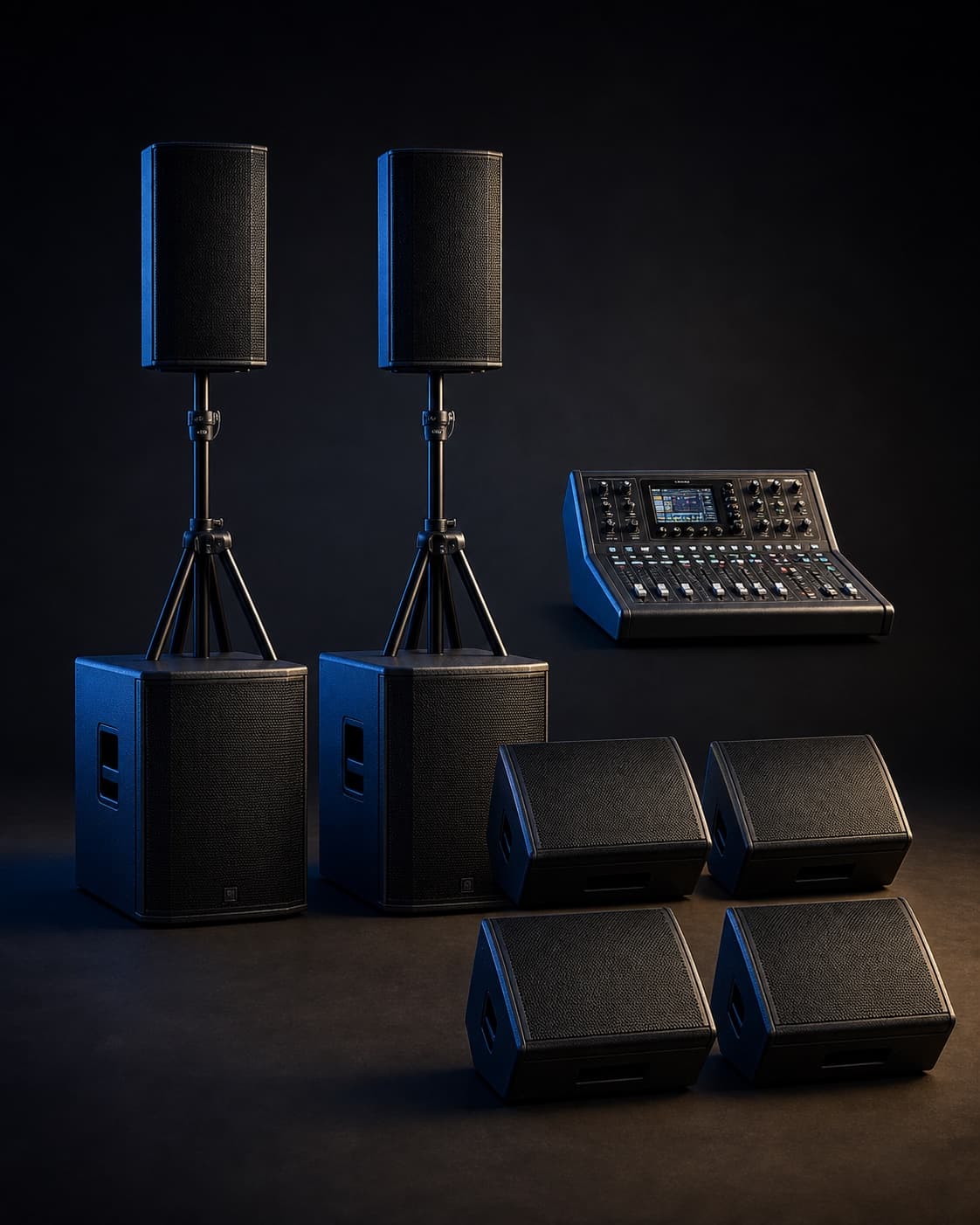 Standard audio package with two powered speakers, two subwoofers, four floor monitors, and a tabletop digital mixer