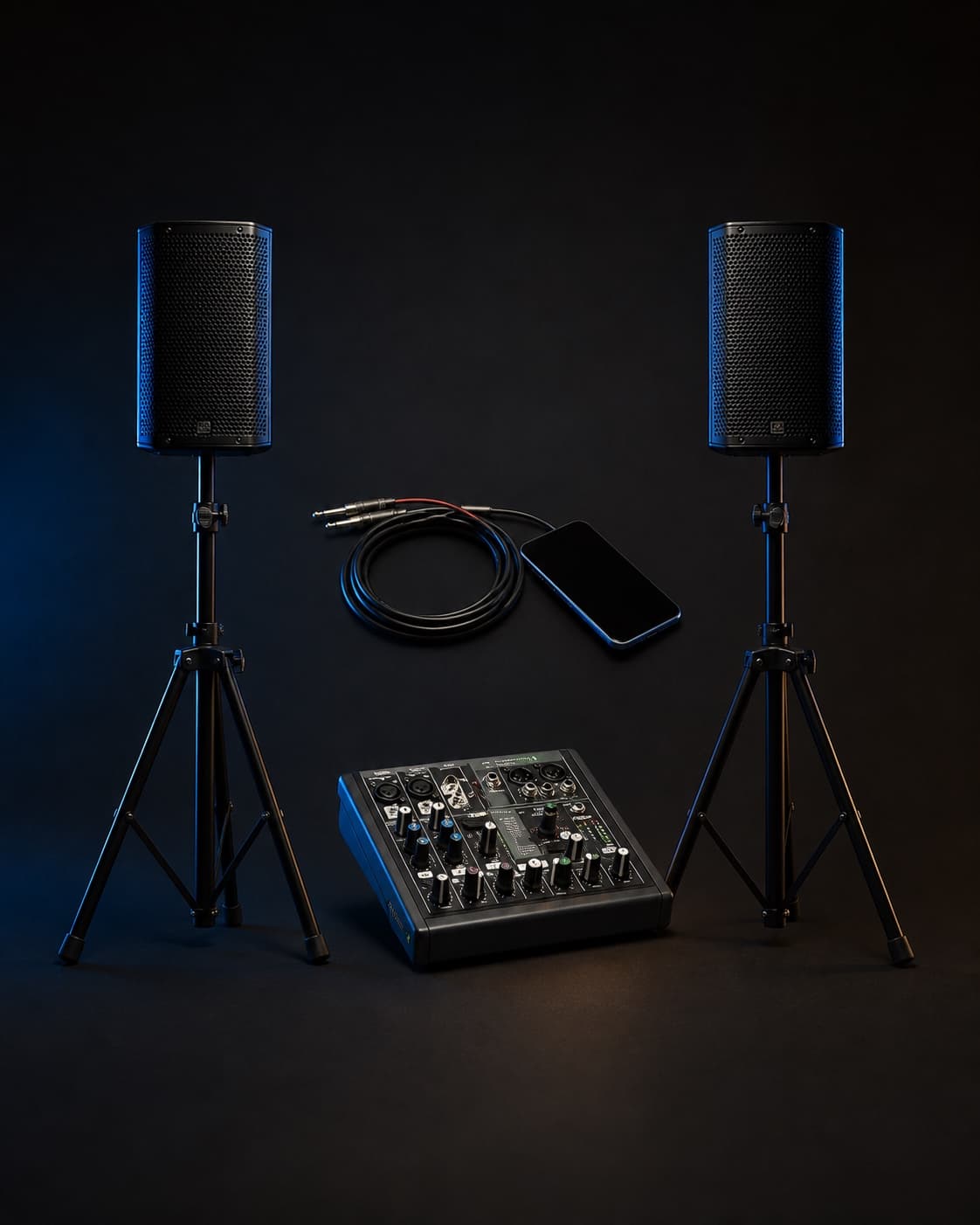 Starter audio package with two powered speakers, stands, a digital mixer, playback device, and audio cabling