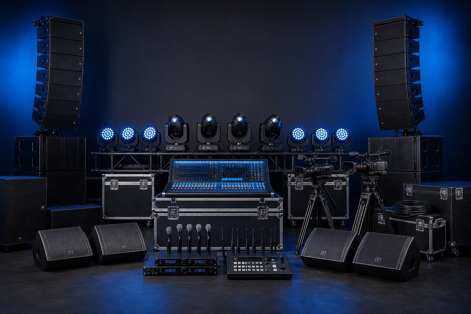 Custom audio production system with line arrays, subwoofers, monitors, lighting, mixing, cameras, and road cases