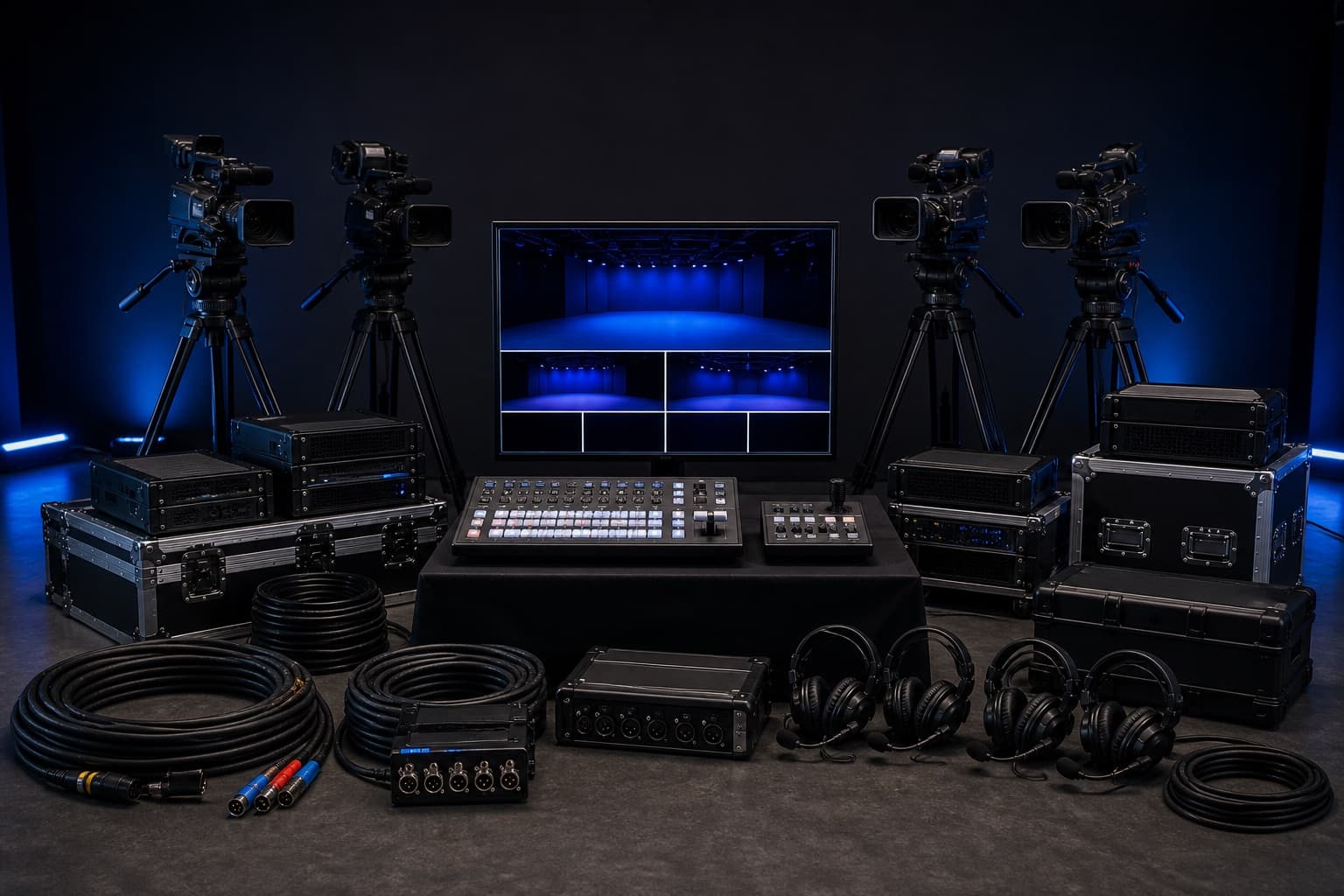 Custom multi-camera and audio production package with lighting, road cases, and control equipment