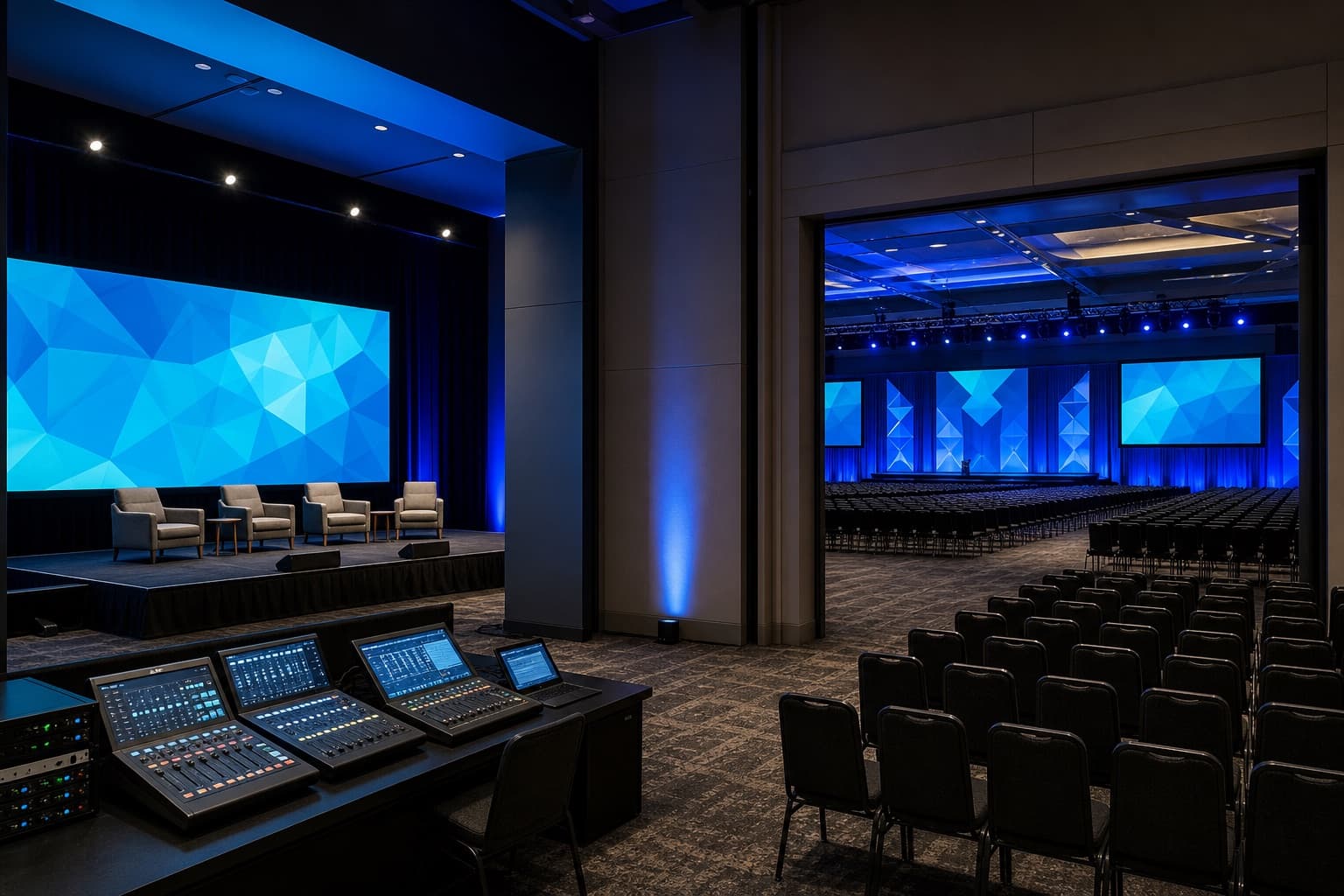Empty multi-stage forum venue with main stage, breakout stage, projection, and audio control