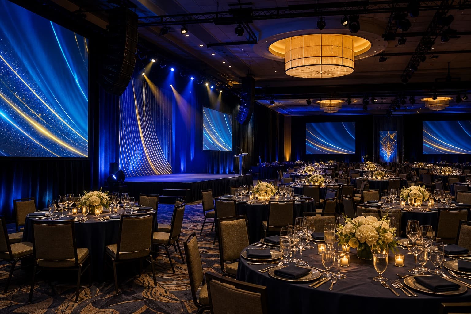 Empty gala ballroom prepared with tables, stage, LED screens, sound, and lighting