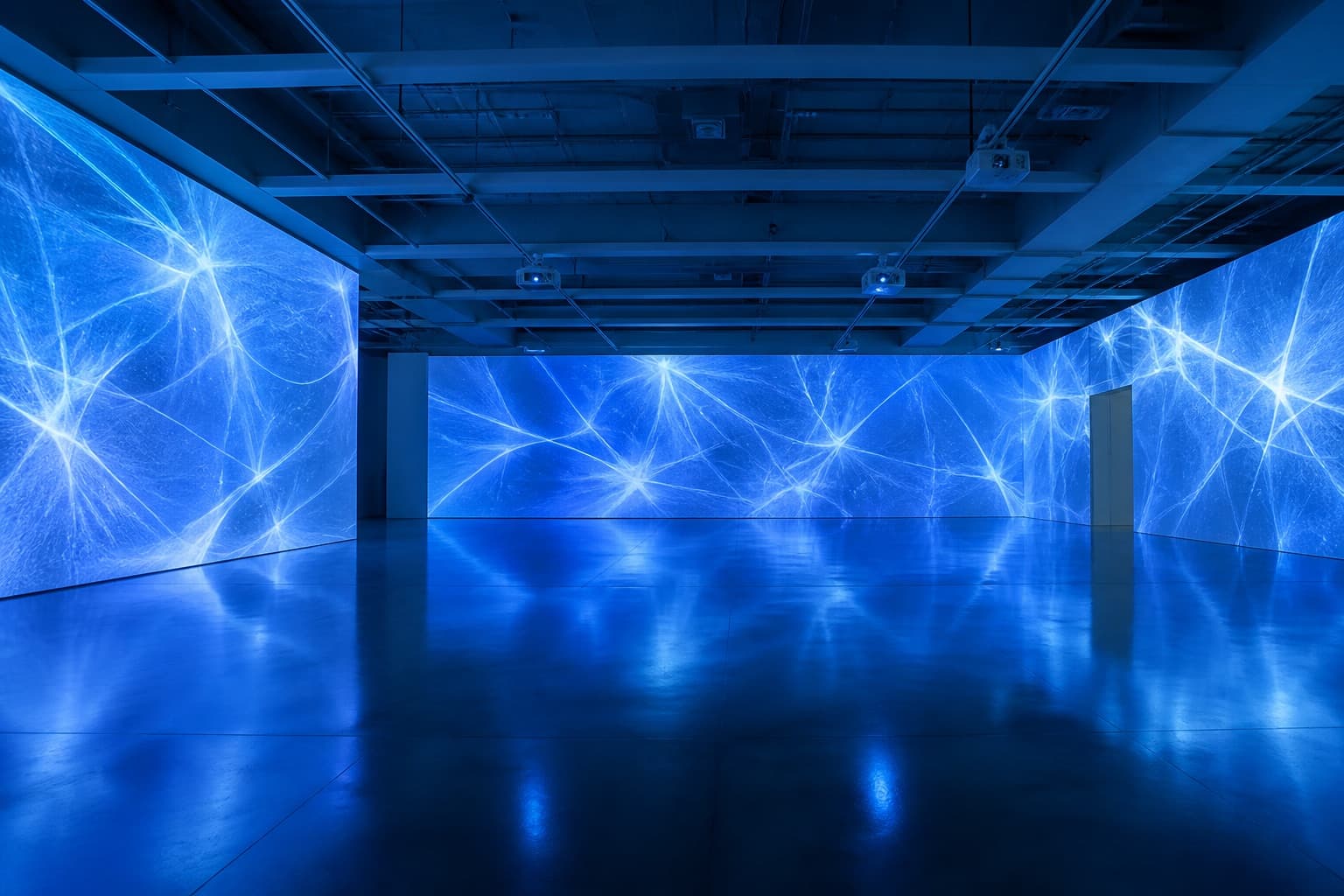Empty immersive gallery with electric-blue projection mapping and polished floor