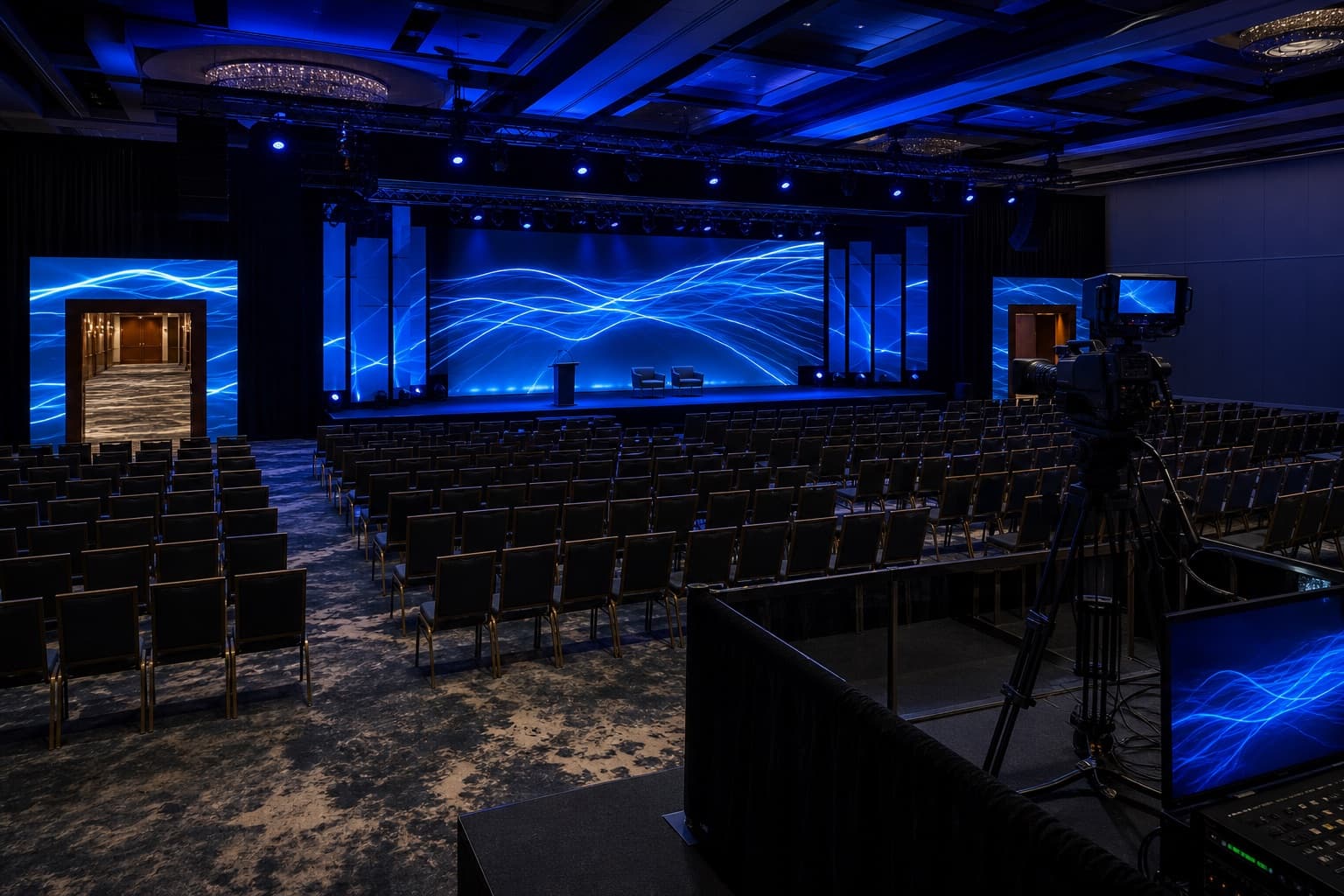 Empty leadership summit ballroom with panoramic LED stage, seating, and broadcast camera