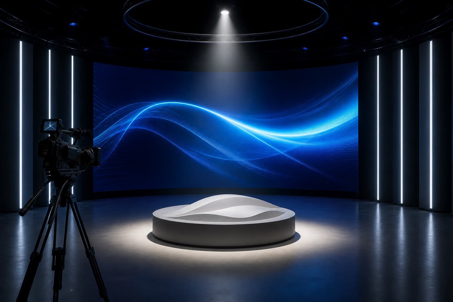 Empty product-reveal set with a curved LED wall, presentation pedestal, and camera