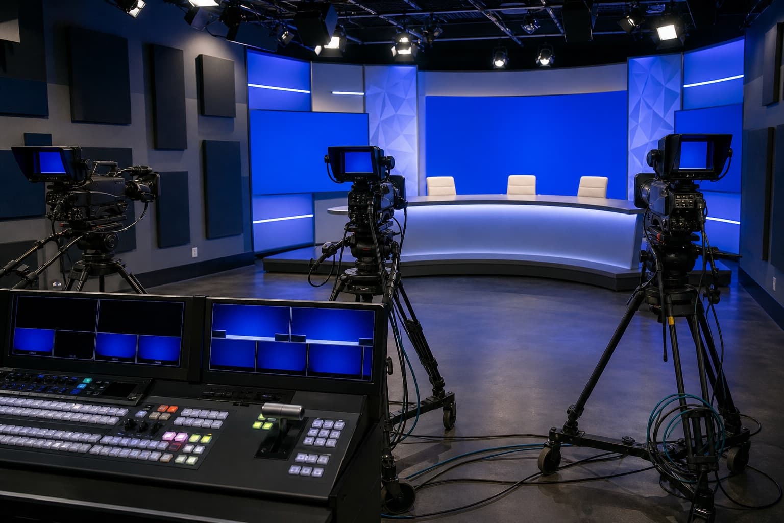 Unoccupied hybrid town-hall studio with three cameras, control desk, and blue set