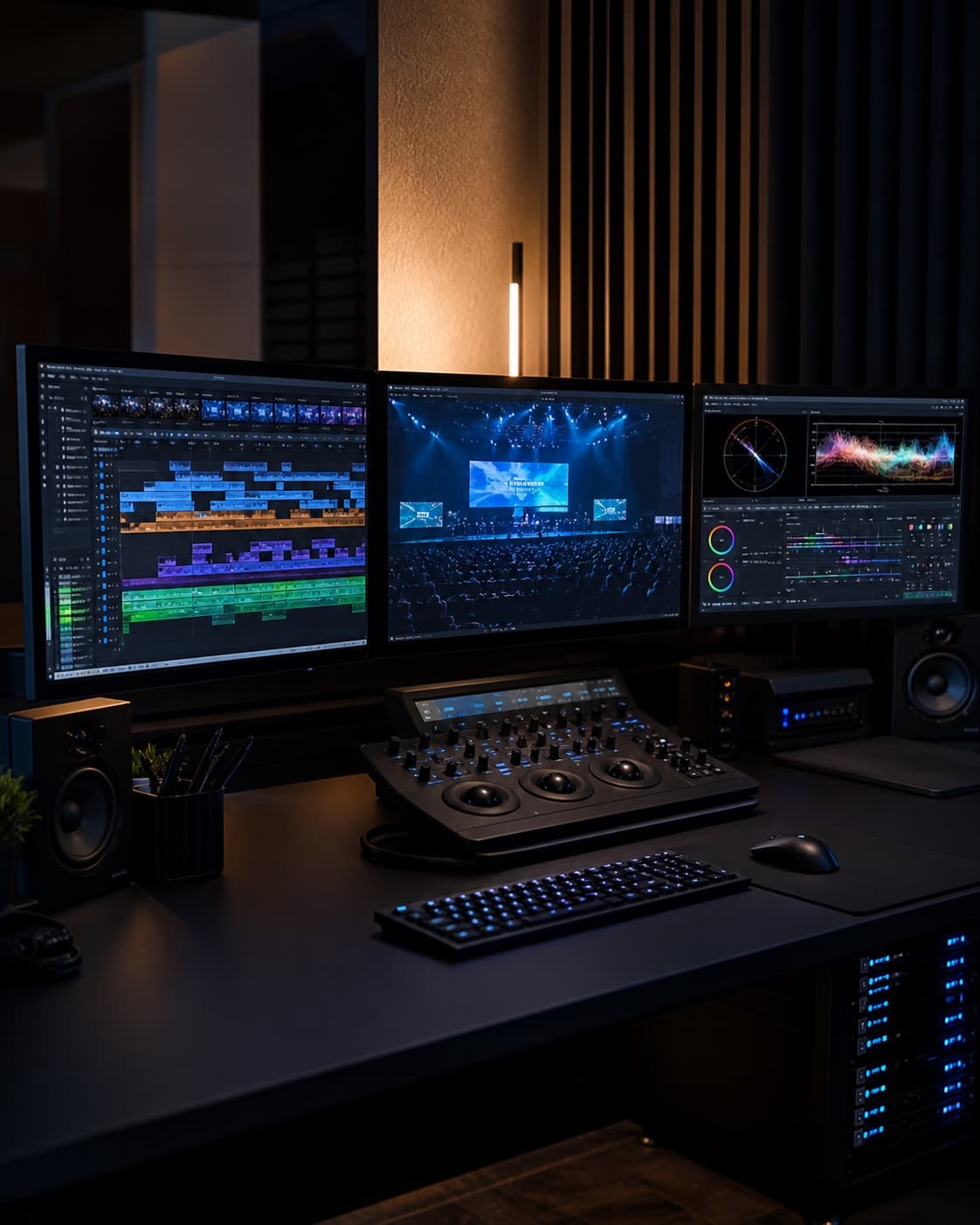 Professional event-video editing suite with editing timelines, color scopes, and a color-grading control surface
