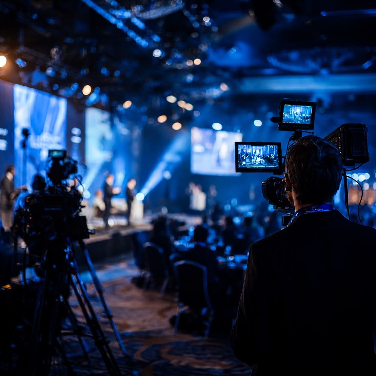 Camera operators filming a professional live event with a lit stage