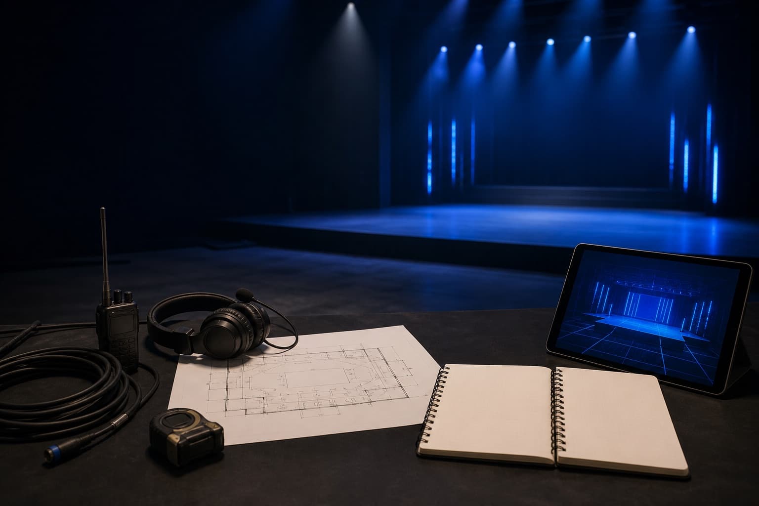 Venue planning table with floor plan, headset, radio, tablet, and an empty blue-lit stage