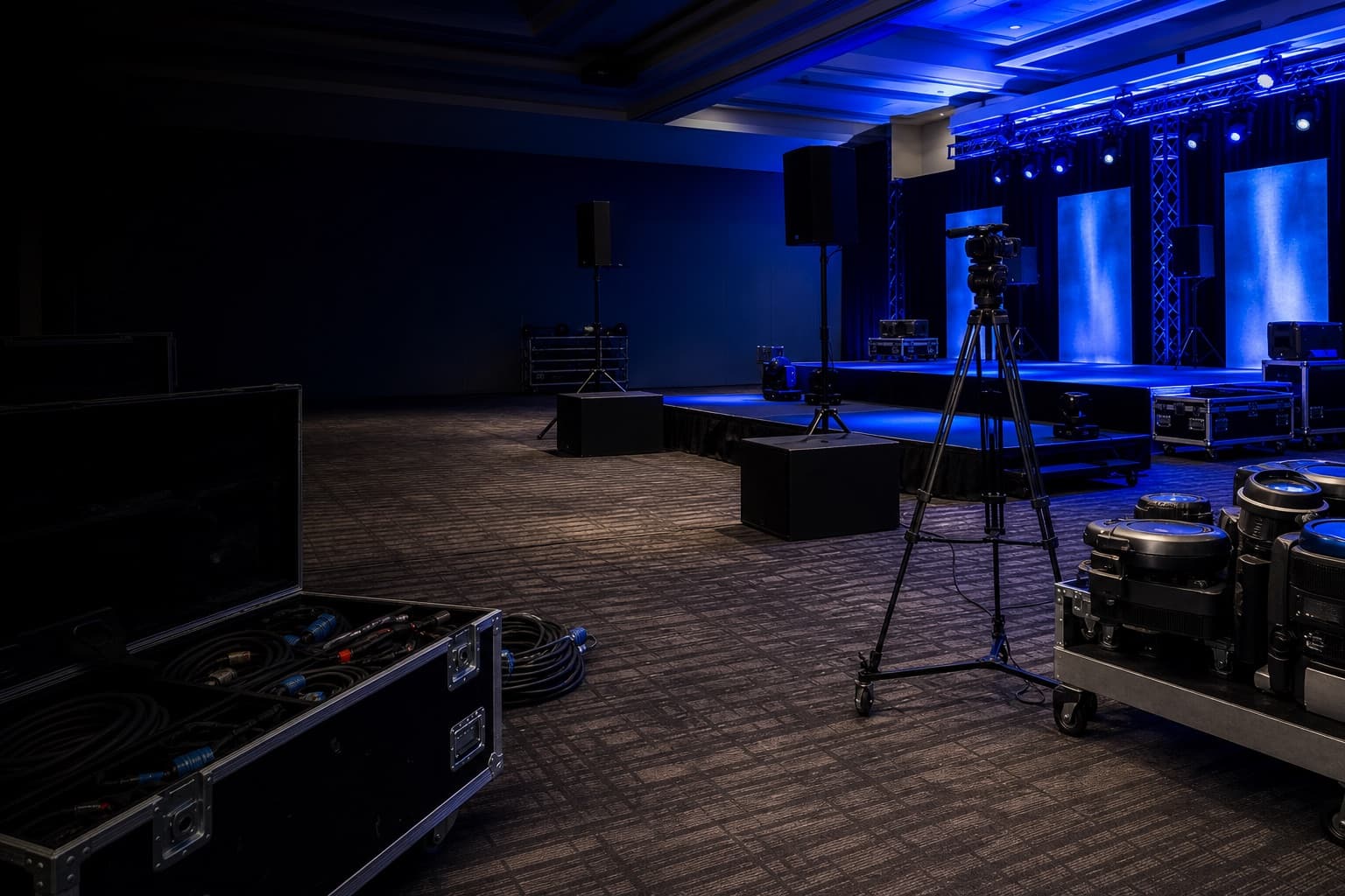 Event venue load-in prepared with road cases, lighting fixtures, speakers, cable, and truss